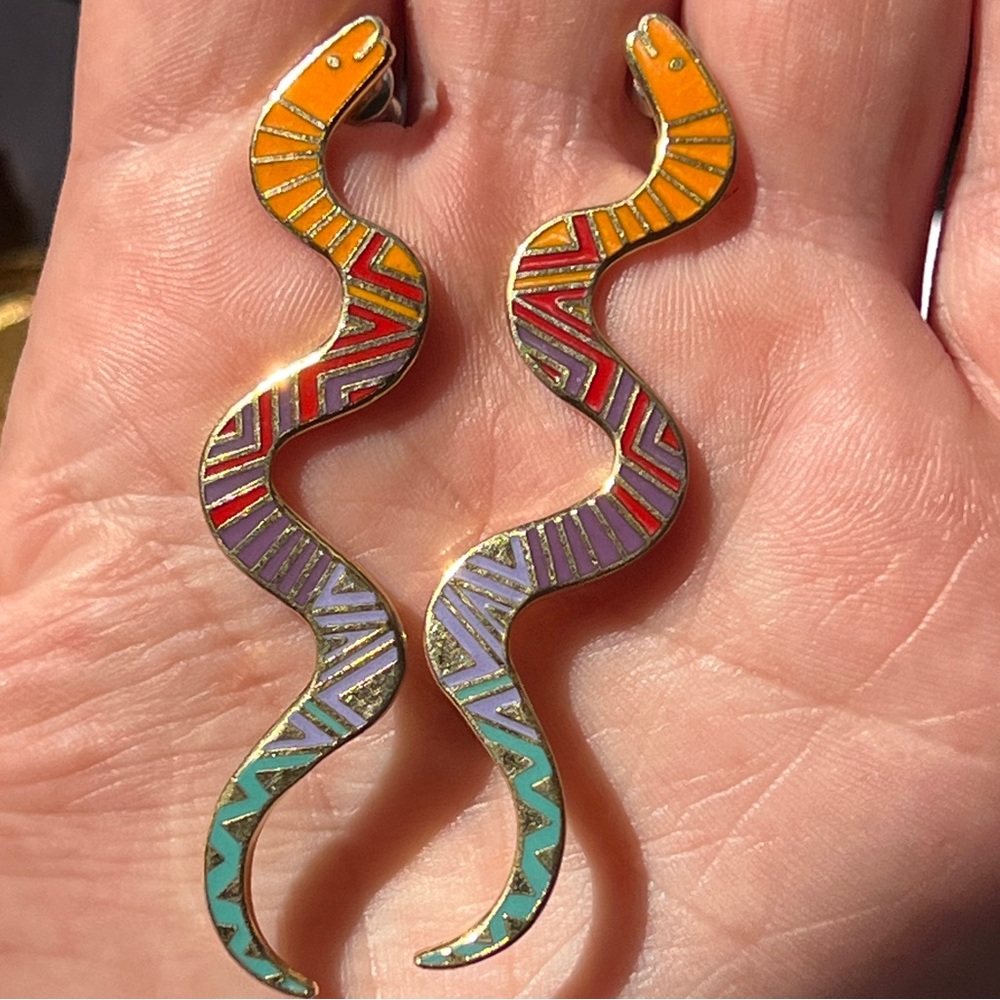Vintage Laurel Burch snake earrings cloisonne - Picture 5 of 9